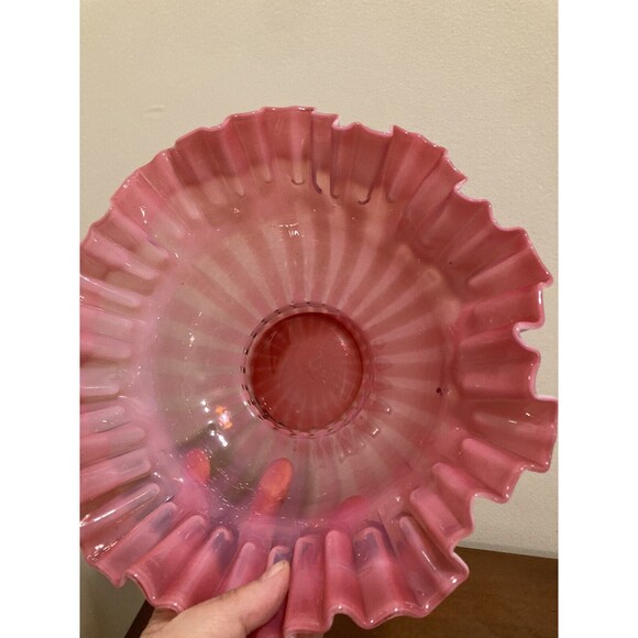 FENTON Cranberry Opalescent Striped Rose Overlay Ruffled Art Brides Bowl - Picture 15 of 16